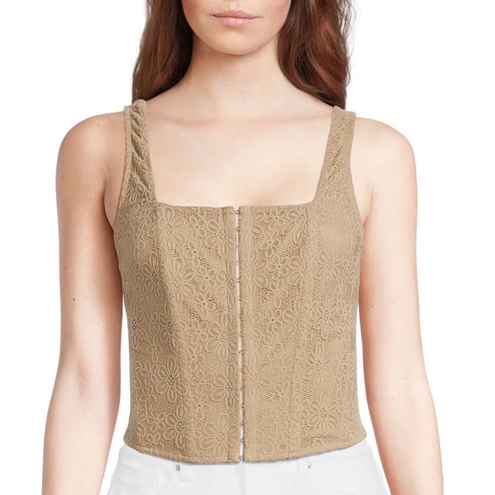 Y2K Self Esteem Tan Floral Lace Square Neck Corset Top Sz M Renaissance Boho